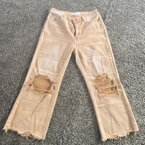 Cropped Distressed Beige Women's Jeans - Casual High-Rise Style
